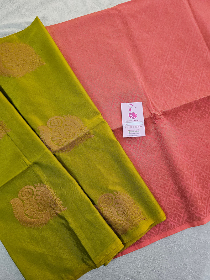 Mehndi Green with Peach Copper Zari Woven Border Semi Soft Silk Saree