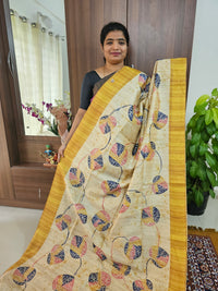 Semi Tussar Digital Prints with Contrast Border - Cream with Mustard Yellow