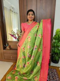 Green with Pink Semi Banarasi Copper Zari Weave Soft Silk Saree with Digital Print