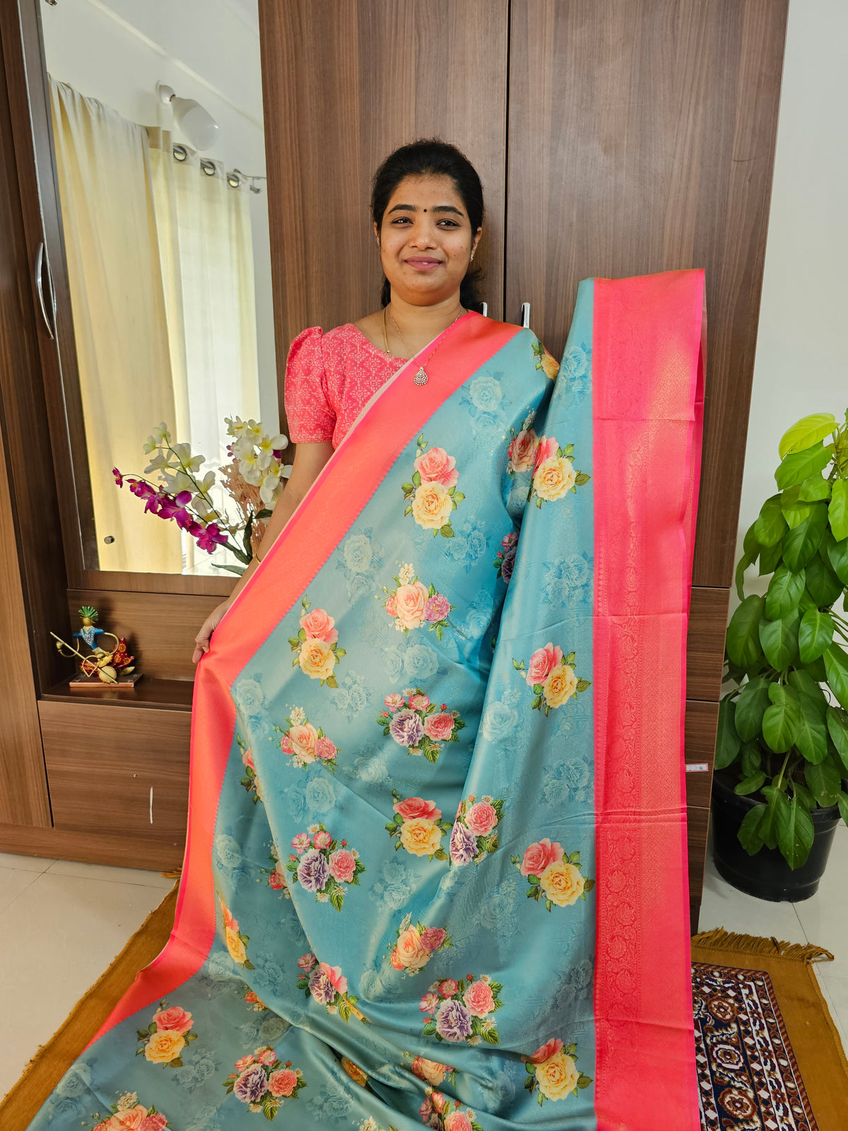 Blue with Pink Semi Banarasi Copper Zari Weave Soft Silk Saree with Digital Print