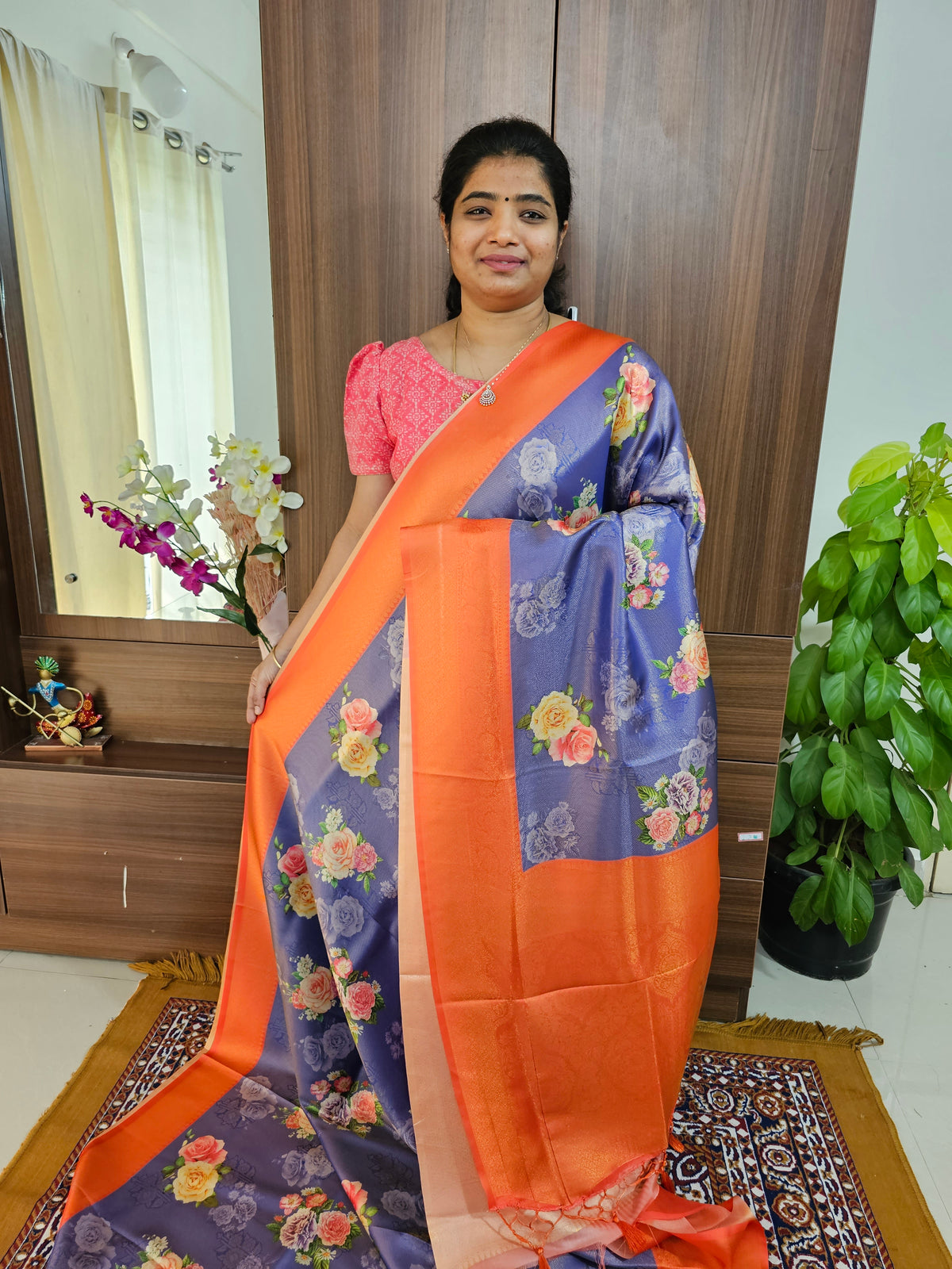 Violet with Orange Semi Banarasi Copper Zari Weave Soft Silk Saree with Digital Print