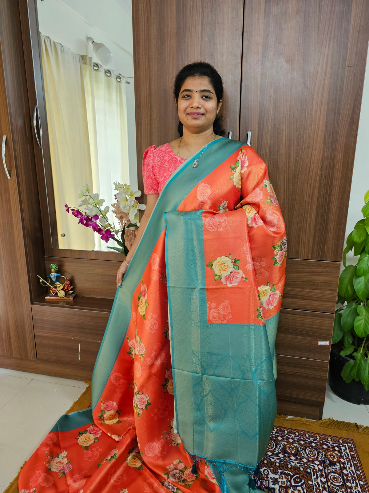 Red with Blue Semi Banarasi Copper Zari Weave Soft Silk Saree with Digital Print