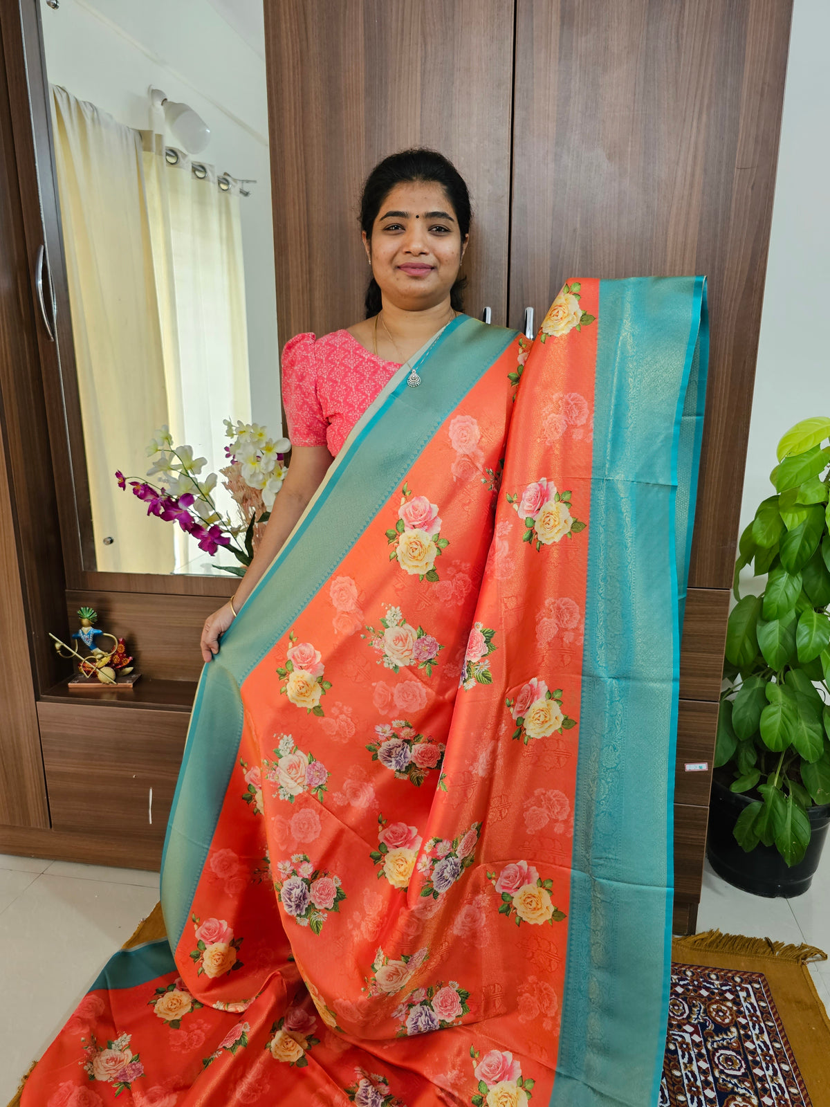 Red with Blue Semi Banarasi Copper Zari Weave Soft Silk Saree with Digital Print