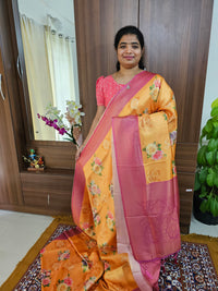 Mustard Yellow with Pink Semi Banarasi Copper Zari Weave Soft Silk Saree with Digital Print