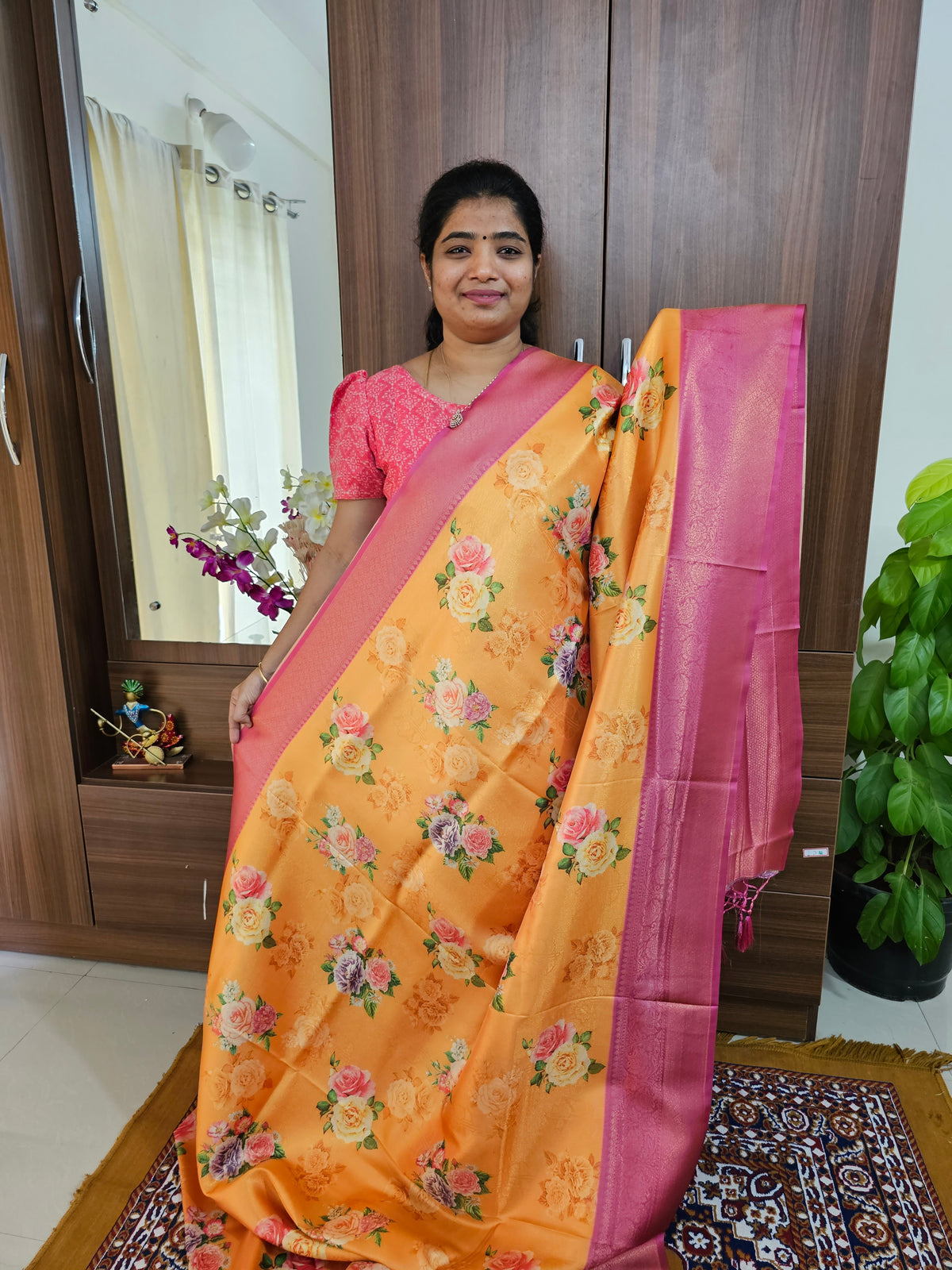 Mustard Yellow with Pink Semi Banarasi Copper Zari Weave Soft Silk Saree with Digital Print