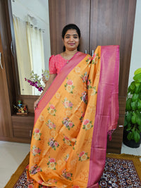 Mustard Yellow with Pink Semi Banarasi Copper Zari Weave Soft Silk Saree with Digital Print