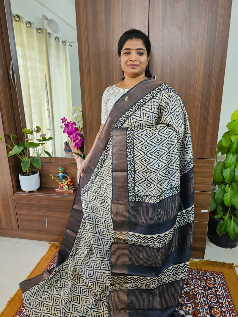 Off-white with Black Handwoven Tussar Silk Saree with Zari Border