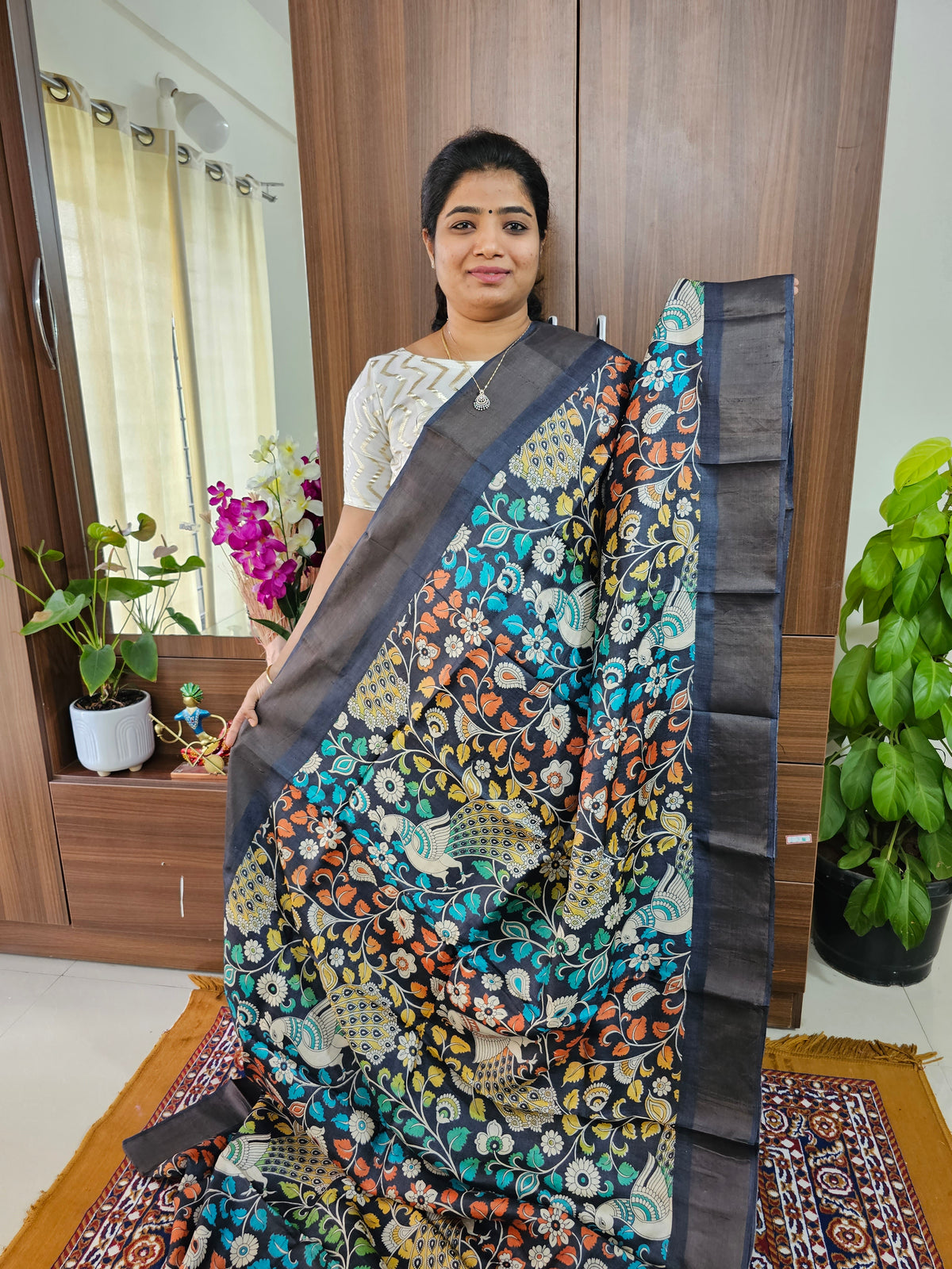 Black Kalamkari Handwoven Tussar Silk Saree with Zari Border