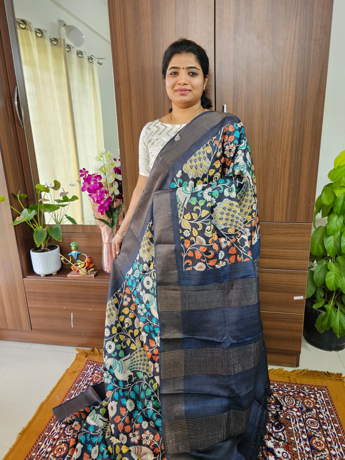 Black Kalamkari Handwoven Tussar Silk Saree with Zari Border