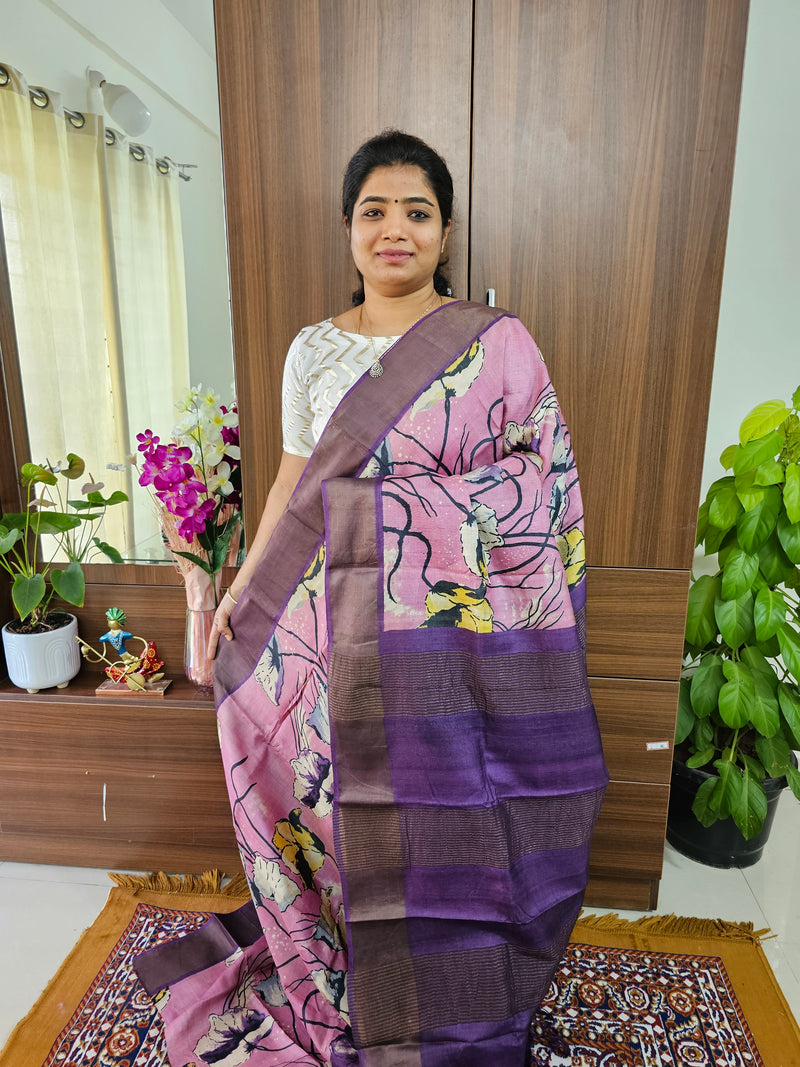 Pink cum Lavender with Dark Purple Handwoven Tussar Silk Saree with Zari Border