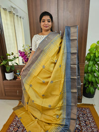 Yellow with Grey Handwoven Tussar Silk Saree with Zari Border