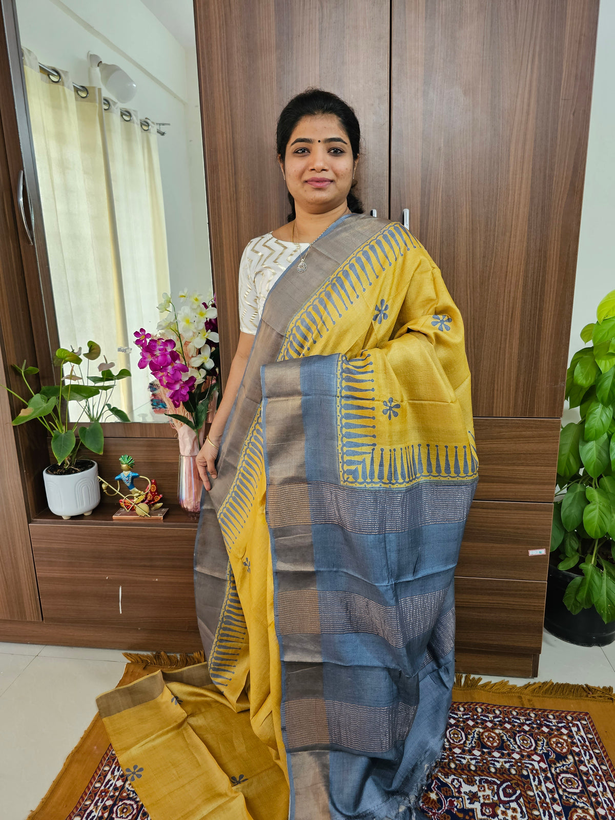 Yellow with Grey Handwoven Tussar Silk Saree with Zari Border