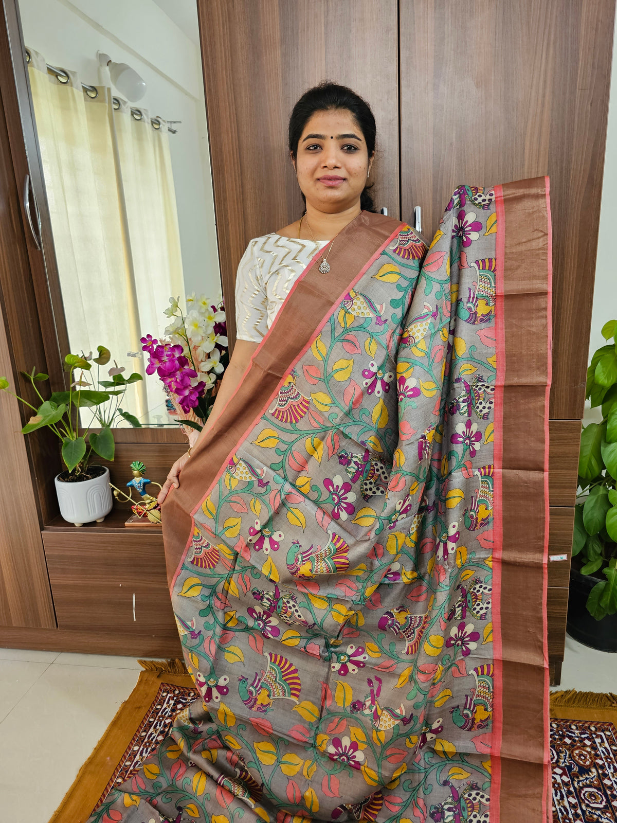 Grey with Dark Peach Handwoven Tussar Silk Saree with Zari Border