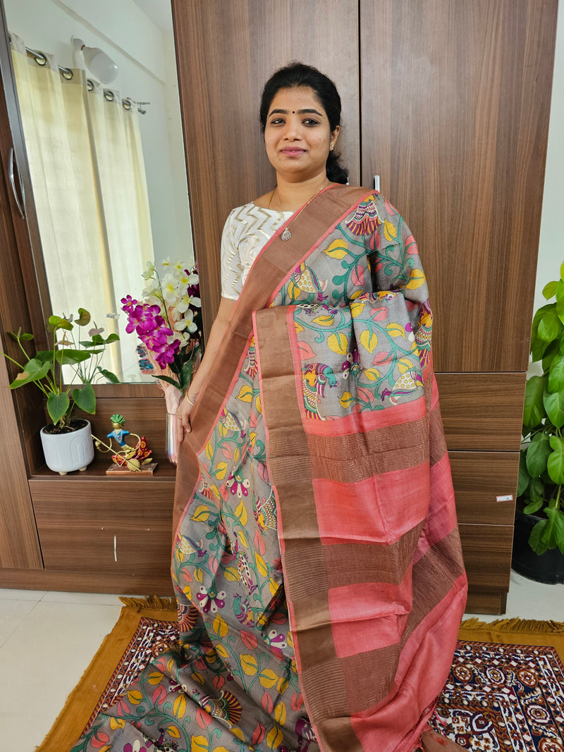 Grey with Dark Peach Handwoven Tussar Silk Saree with Zari Border