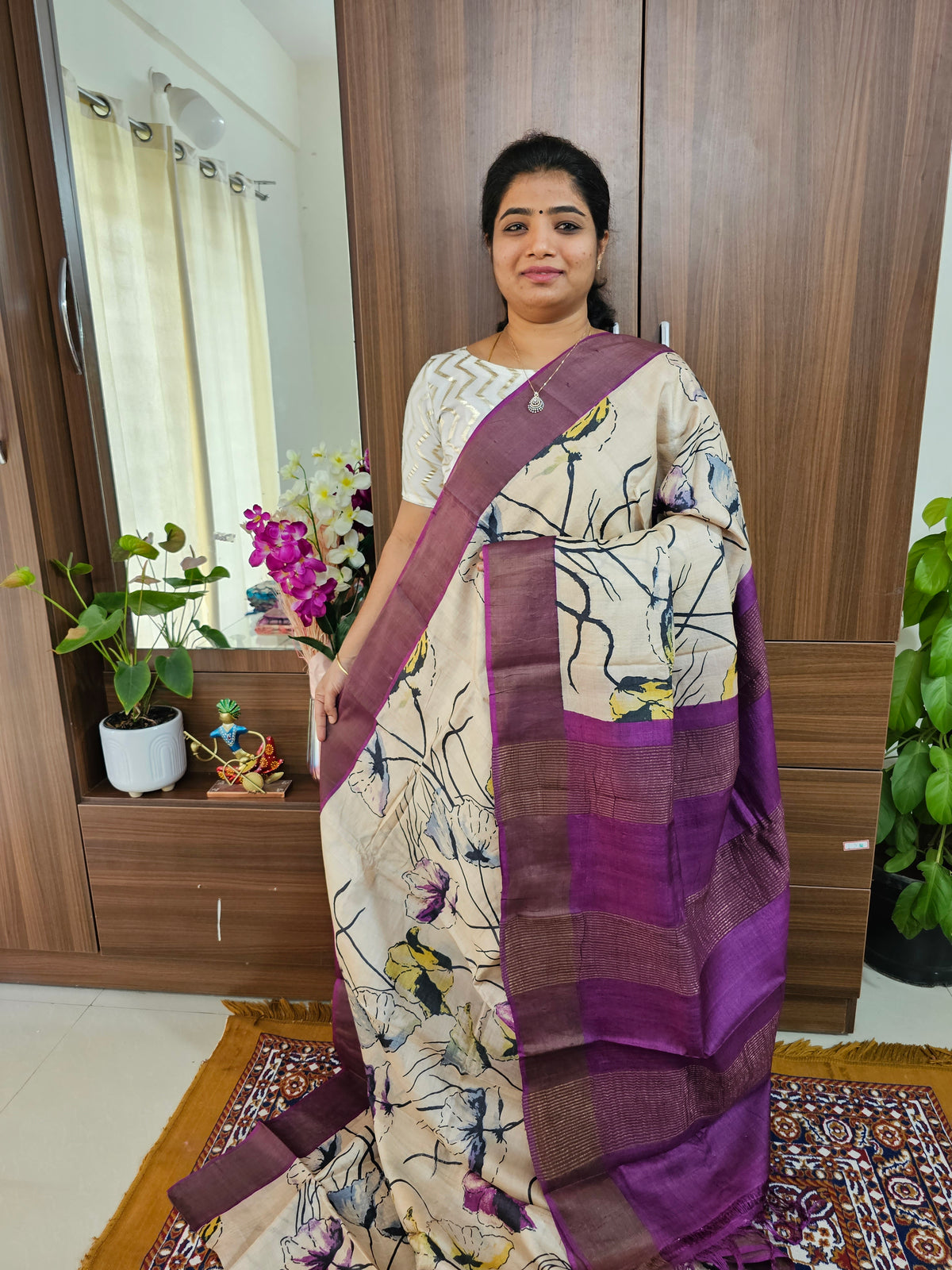 Cream with Dark Purple Handwoven Tussar Silk Saree with Zari Border