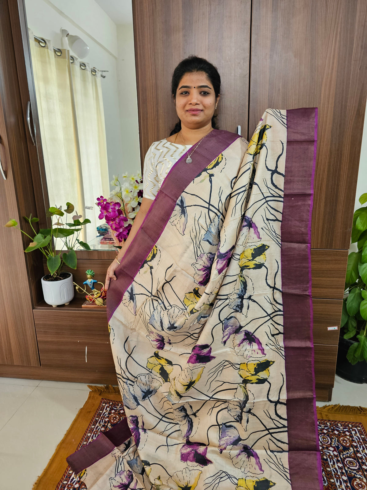 Cream with Dark Purple Handwoven Tussar Silk Saree with Zari Border