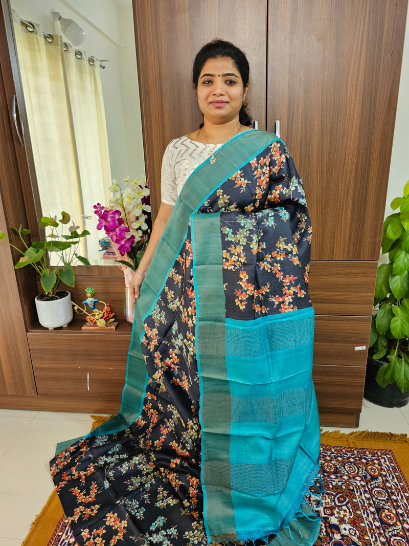 Black with Blue Handwoven Tussar Silk Saree with Zari Border