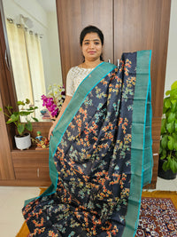 Black with Blue Handwoven Tussar Silk Saree with Zari Border