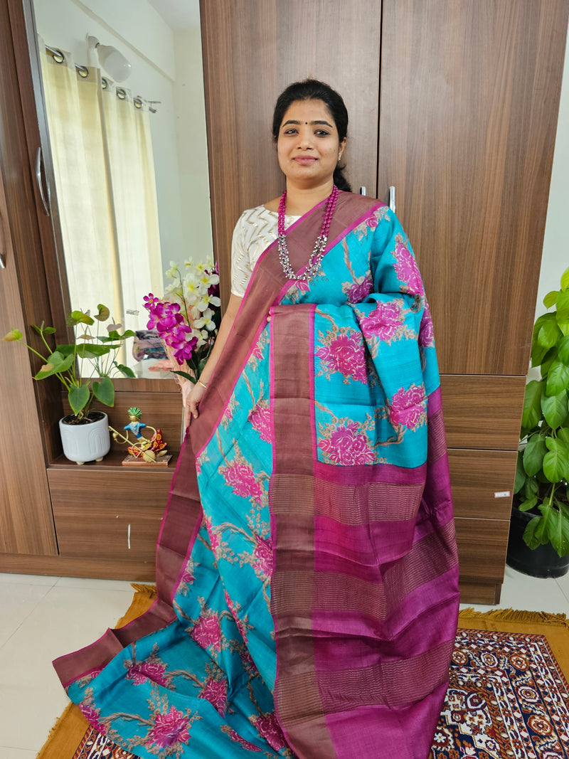 Blue with Pink Handwoven Tussar Silk Saree with Zari Border