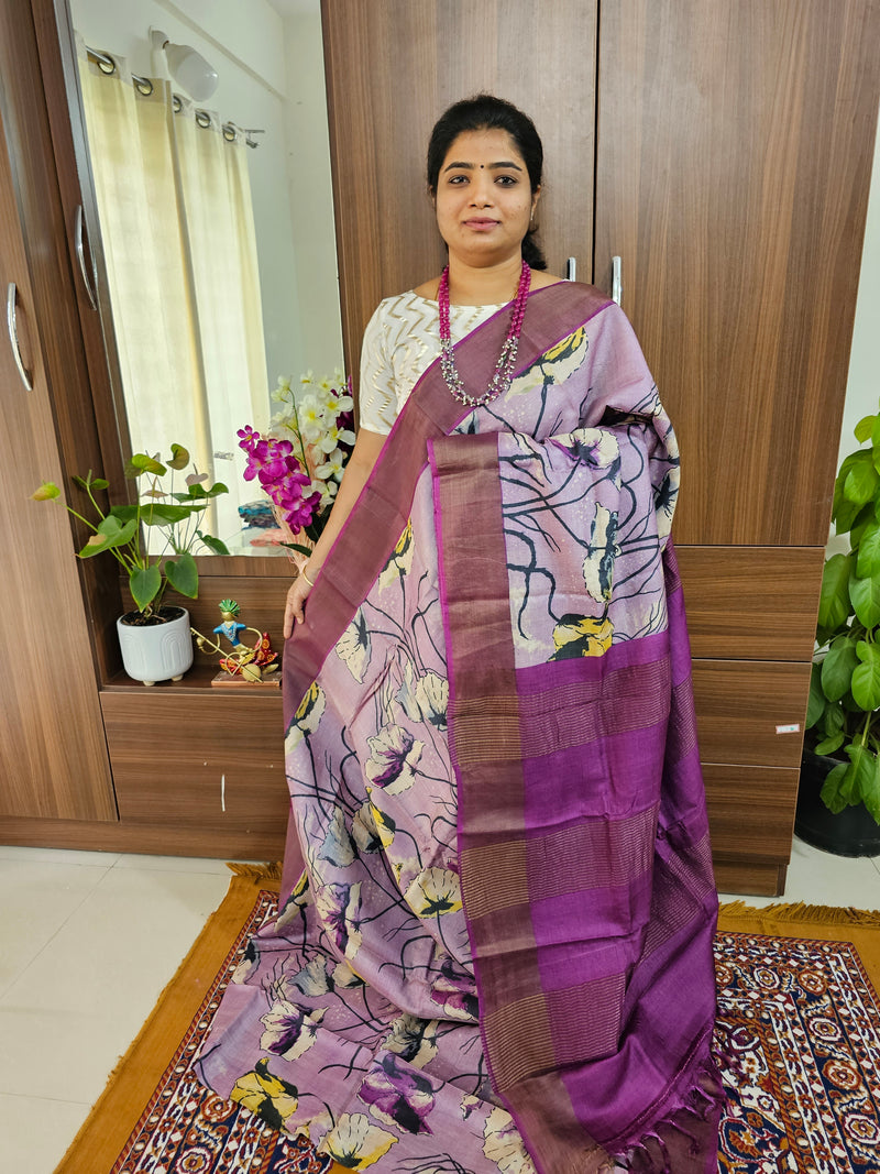 Lavender with Purple Handwoven Tussar Silk Saree with Zari Border