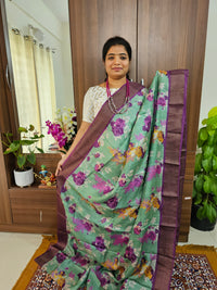 Olive Green with Purple Handwoven Tussar Silk Saree with Zari Border