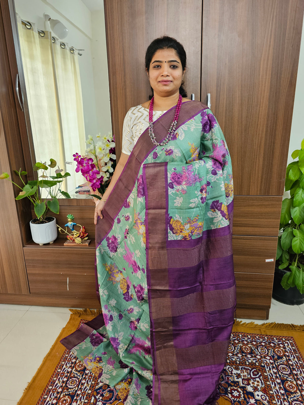 Olive Green with Purple Handwoven Tussar Silk Saree with Zari Border