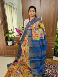 Yellow with Blue Handwoven Tussar Silk Saree with Zari Border