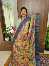 Yellow with Blue Handwoven Tussar Silk Saree with Zari Border