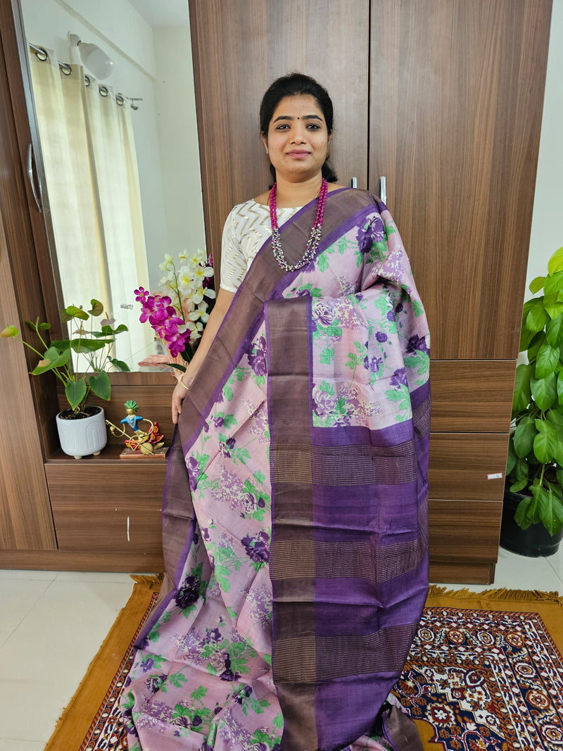 Lavender with Purple Handwoven Tussar Silk Saree with Zari Border