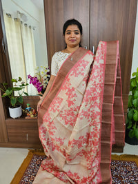 Pink Floral Handwoven Tussar Silk Saree with Zari Border