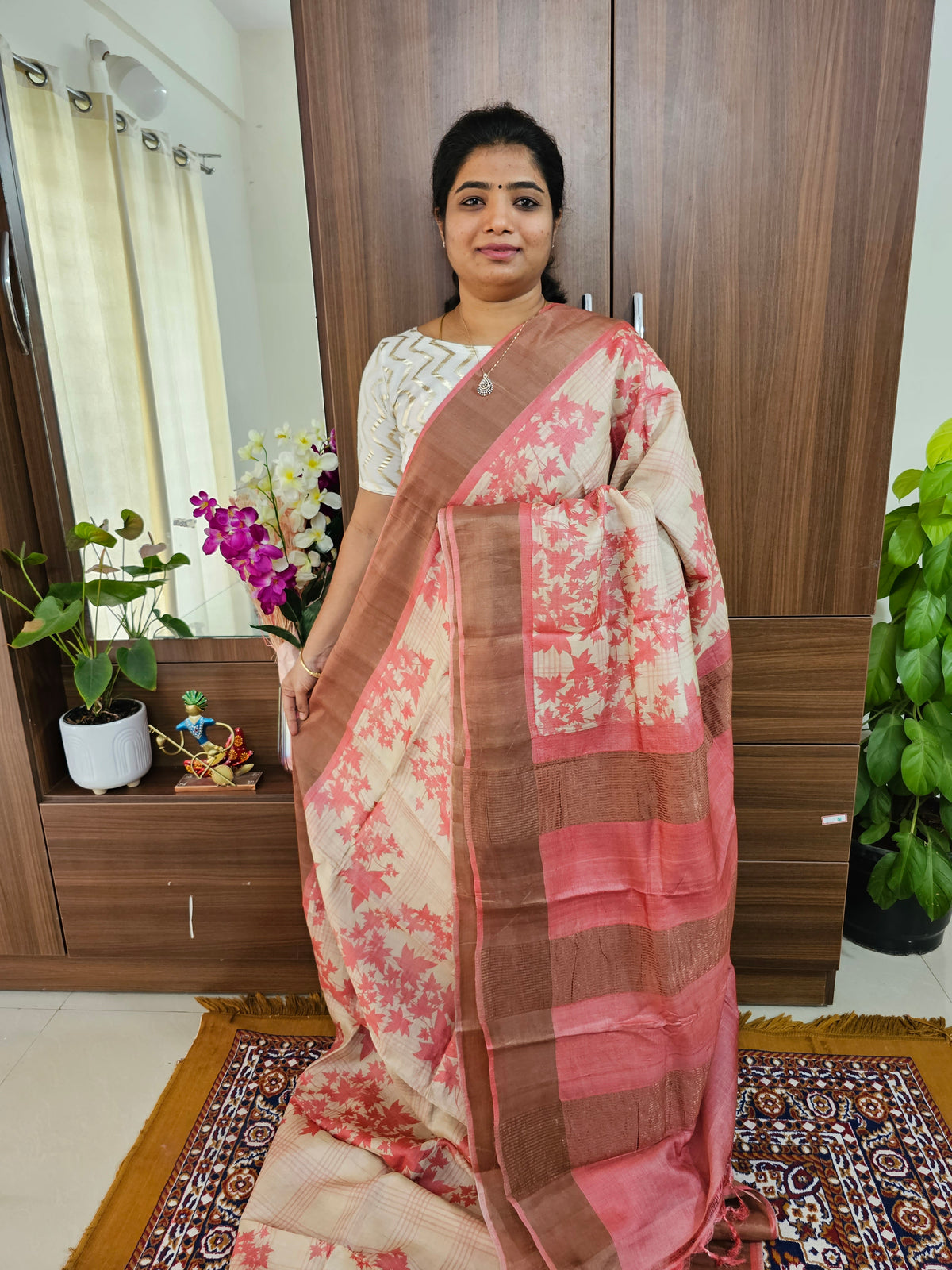 Pink Floral Handwoven Tussar Silk Saree with Zari Border