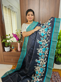 Black with Blue Handwoven Tussar Silk Saree with Zari Border