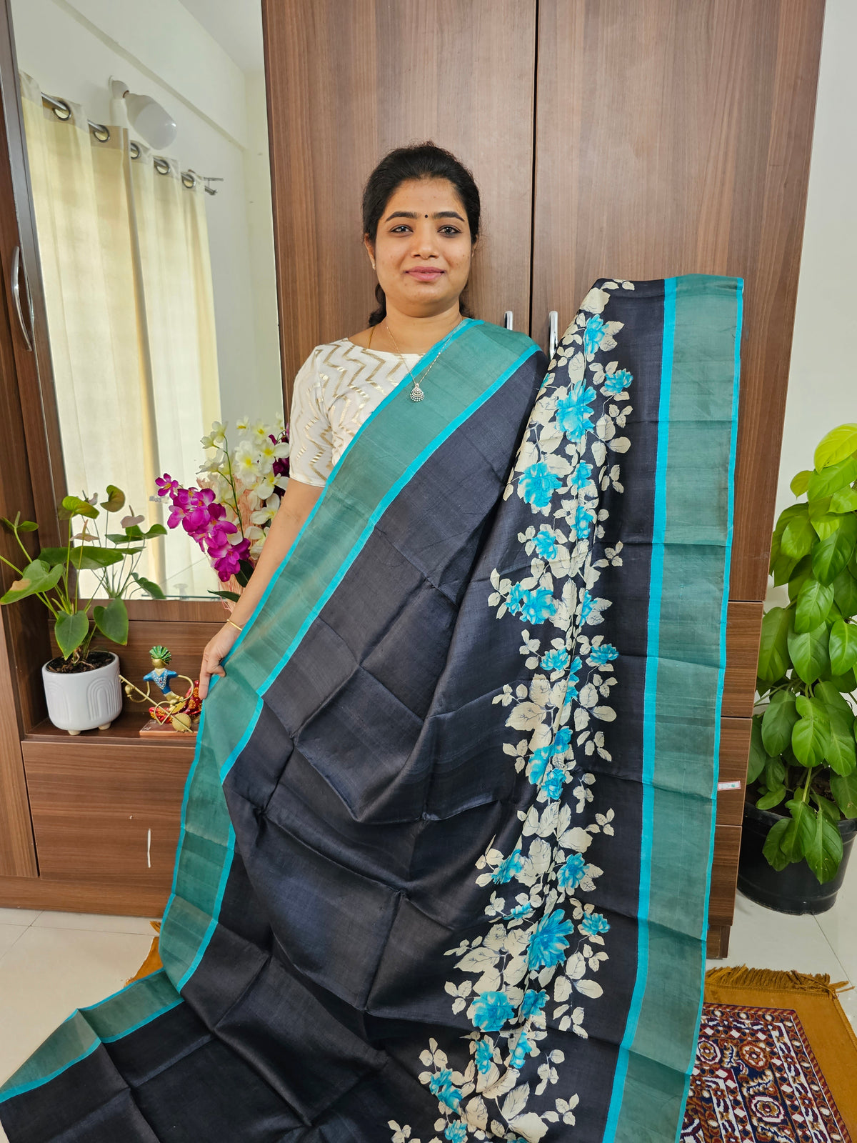 Black with Blue Handwoven Tussar Silk Saree with Zari Border