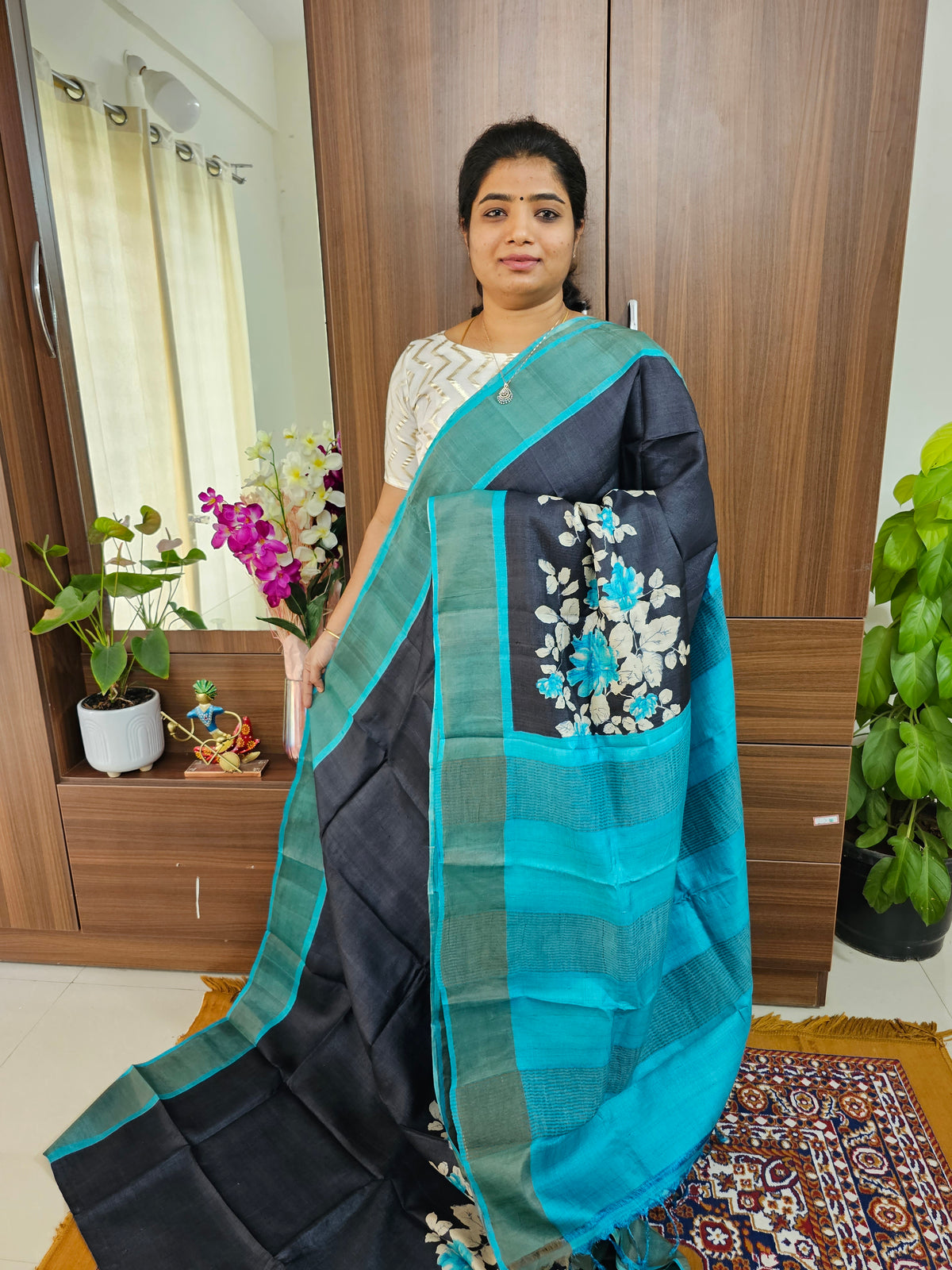 Black with Blue Handwoven Tussar Silk Saree with Zari Border