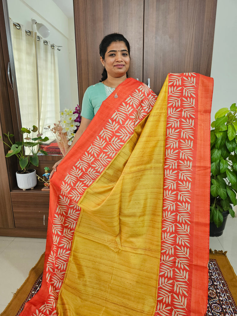 Semi Tussar Digital Prints with Contrast Border - Mustard Yellow with Orange