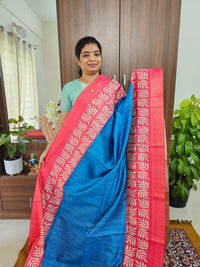 Semi Tussar Digital Prints with Contrast Border - Blue with Pink