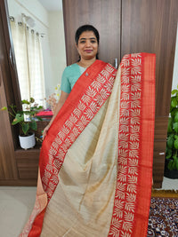 Semi Tussar Digital Prints with Contrast Border - Cream with Red