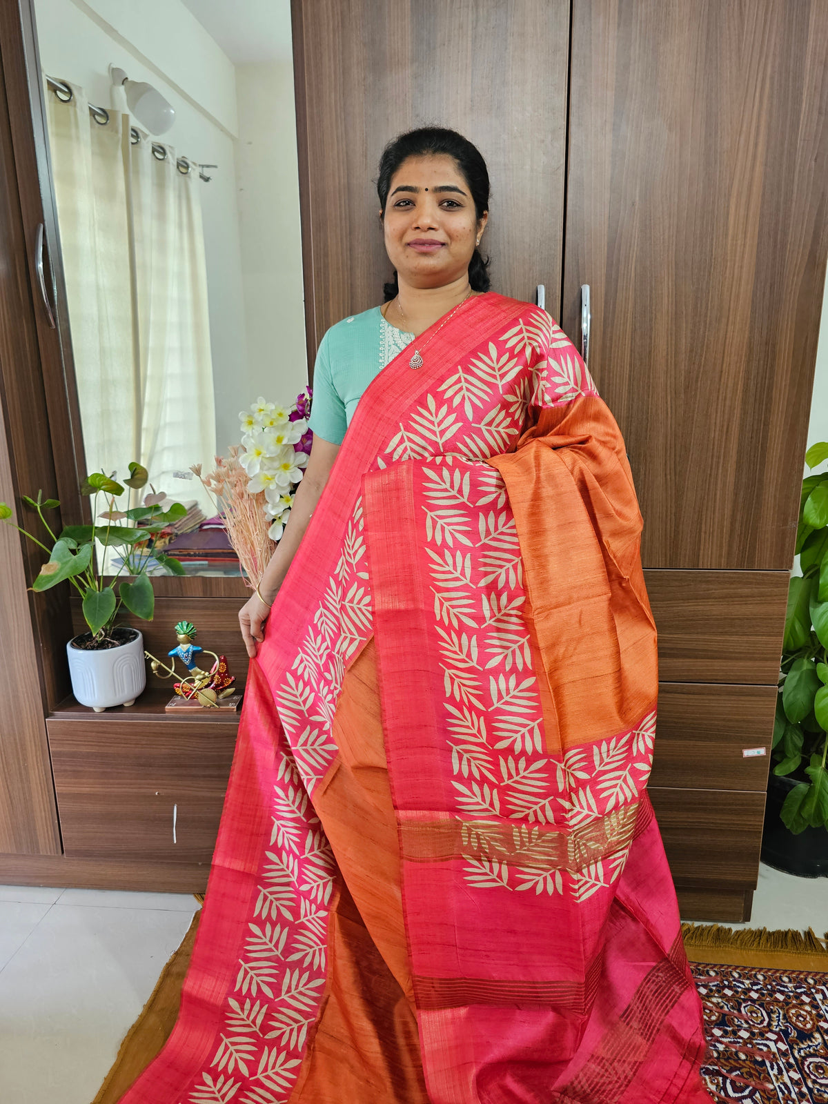 Semi Tussar Digital Prints with Contrast Border - Orange with Pink