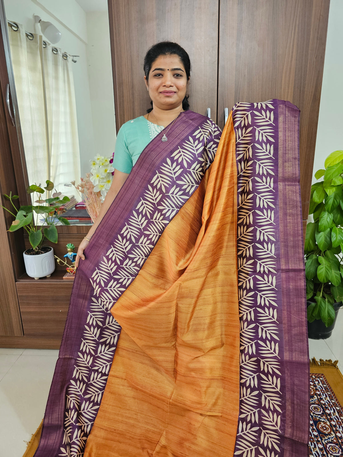 Semi Tussar Digital Prints with Contrast Border - Mustard Yellow with Purple