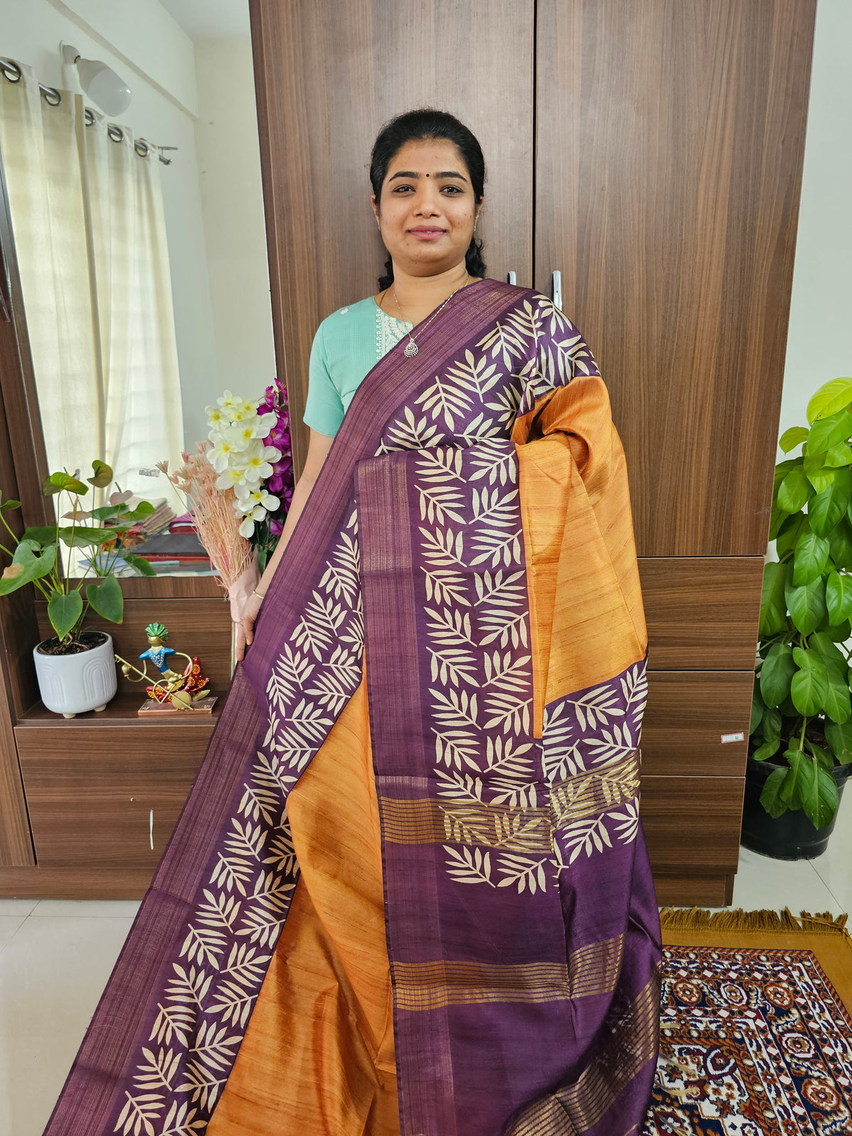 Semi Tussar Digital Prints with Contrast Border - Mustard Yellow with Purple