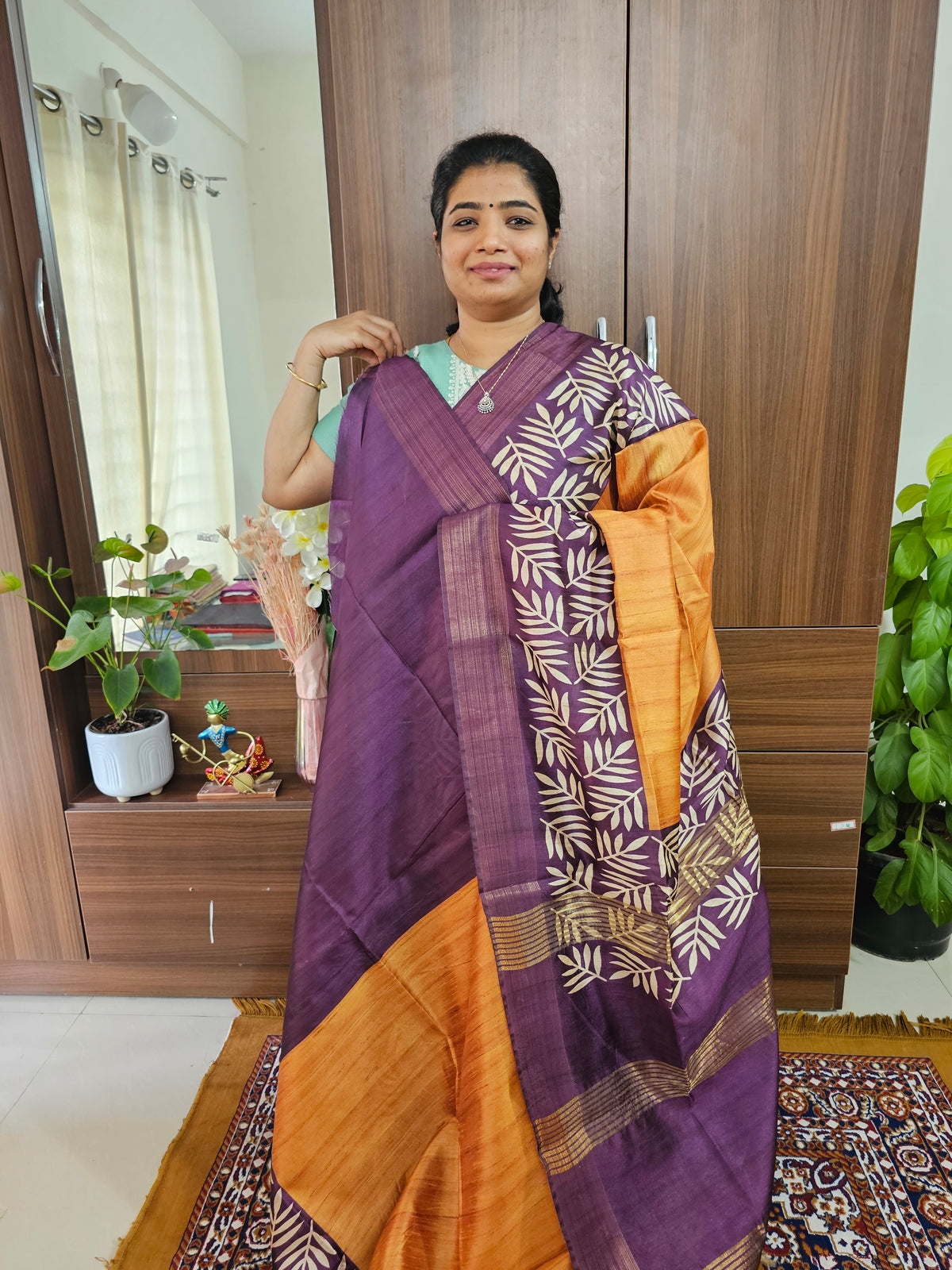 Semi Tussar Digital Prints with Contrast Border - Mustard Yellow with Purple