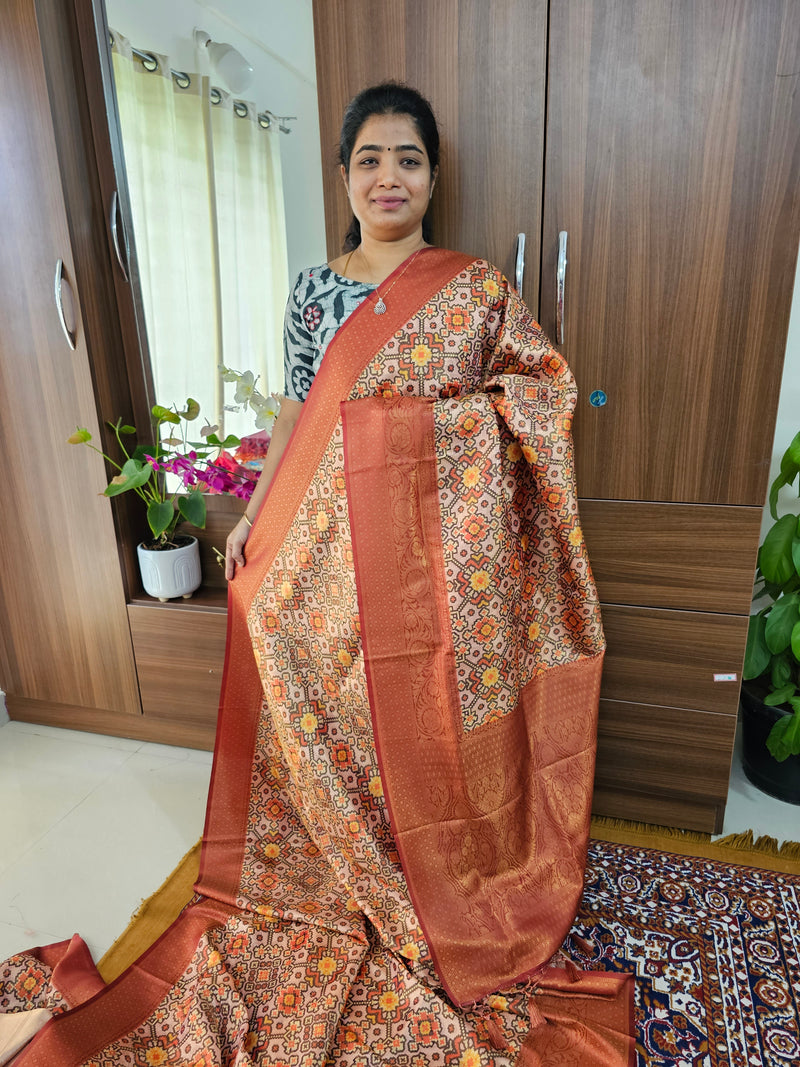 Maroon Shade Semi Banarasi Copper Zari Weave Soft Silk Saree with Digital Print