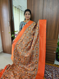 Orange Shade Semi Banarasi Copper Zari Weave Soft Silk Saree with Digital Print