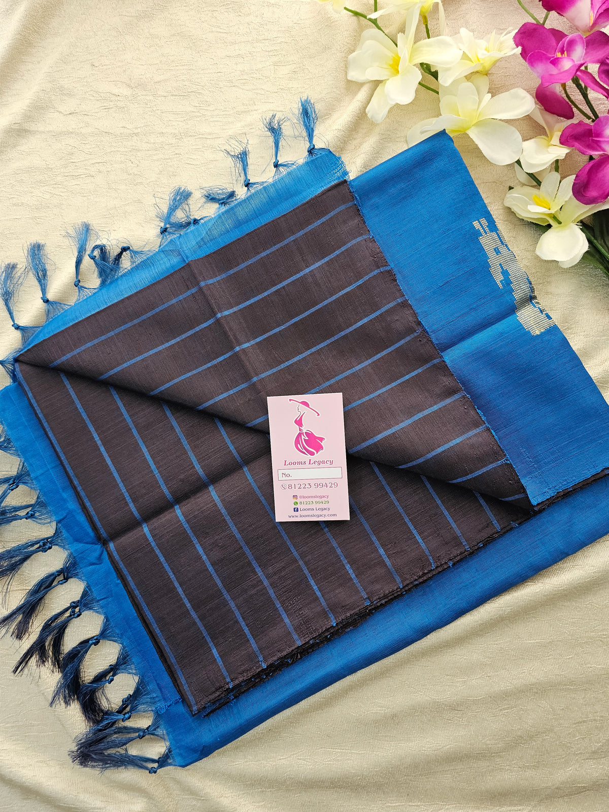Deep Brown with Blue Stripes Handwoven Chinnalampattu Saree