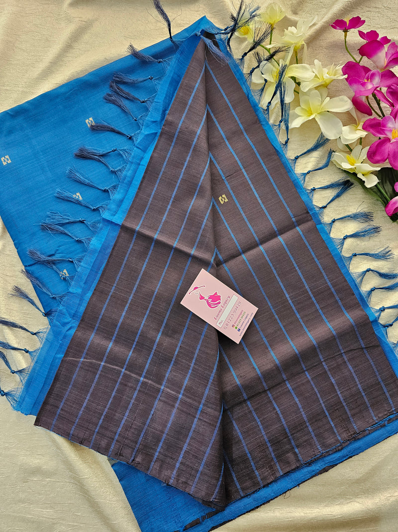 Deep Brown with Blue Stripes Handwoven Chinnalampattu Saree