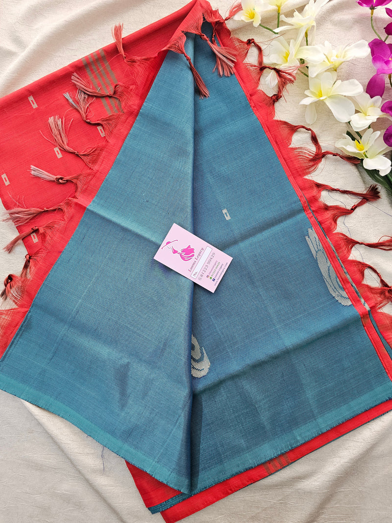 Grey cum Blue Shade with Red Handwoven Chinnalampattu Saree