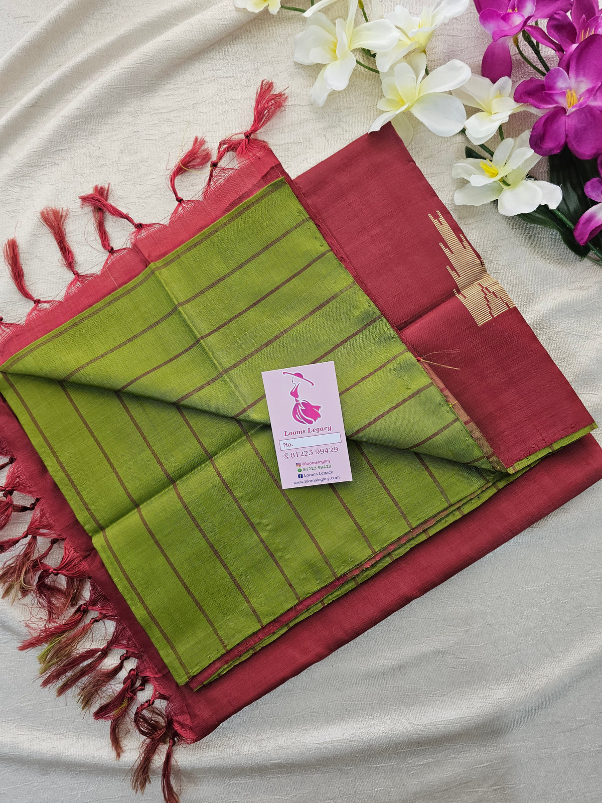 Green with Maroon Stripes Handwoven Chinnalampattu Saree