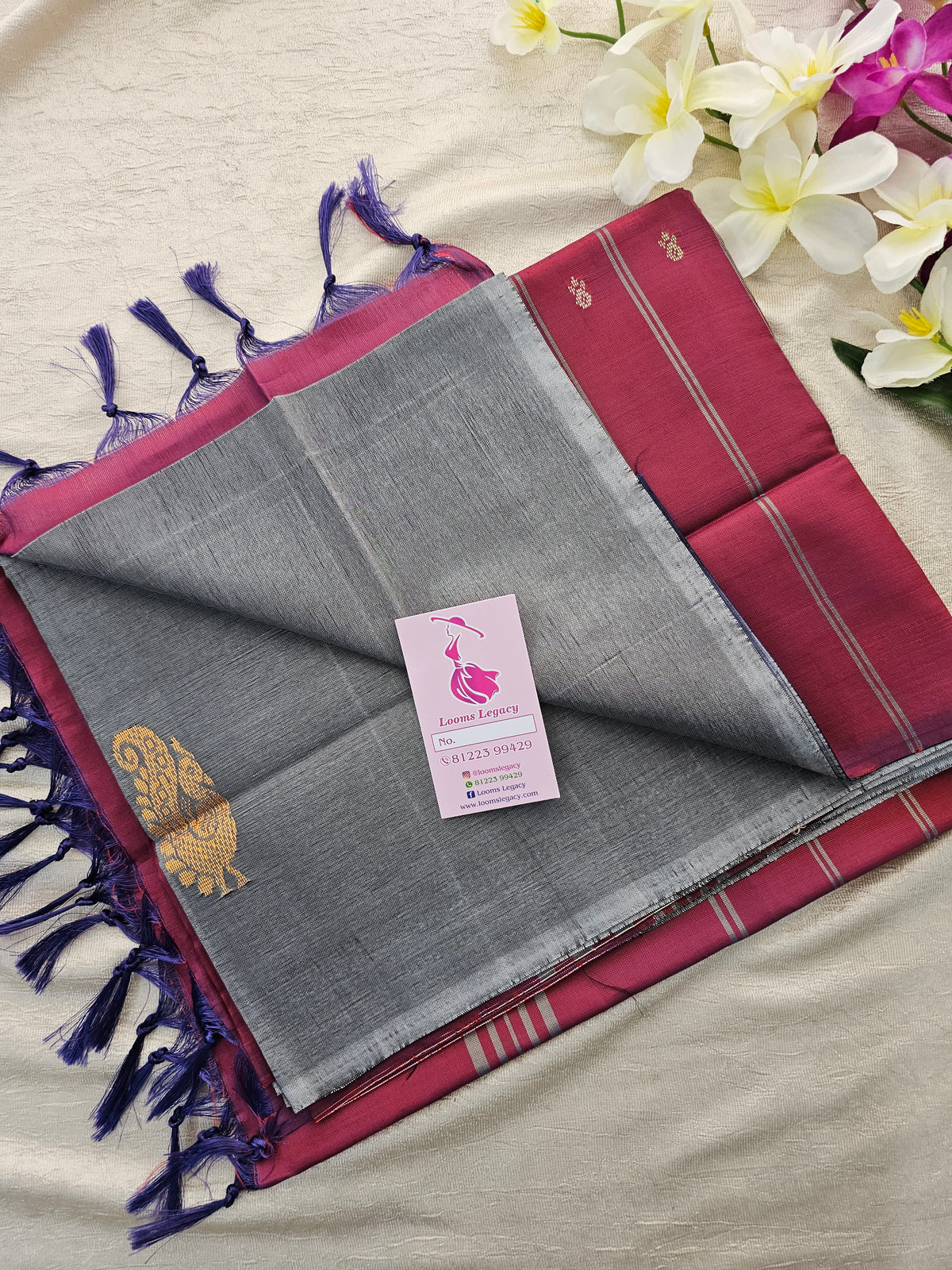 Grey with Maroon Handwoven Chinnalampattu Saree