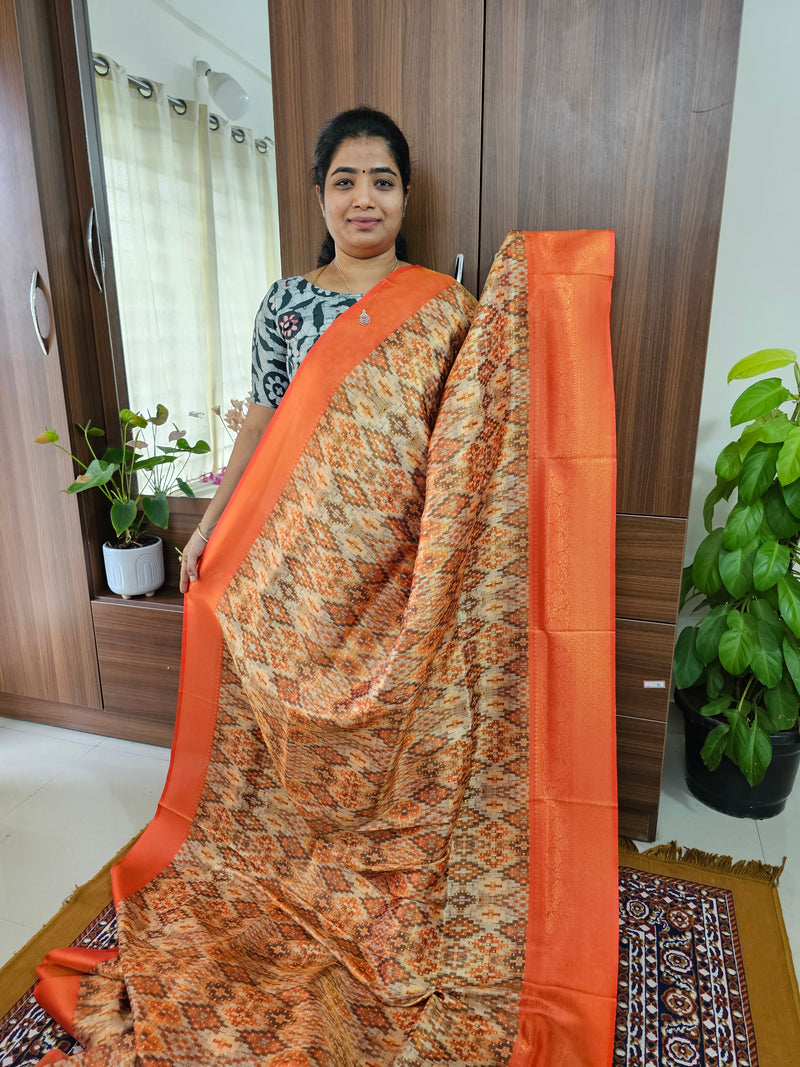 Orange Shade Semi Banarasi Copper Zari Weave Soft Silk Saree with Digital Print