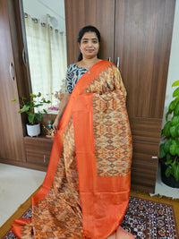 Orange Shade Semi Banarasi Copper Zari Weave Soft Silk Saree with Digital Print